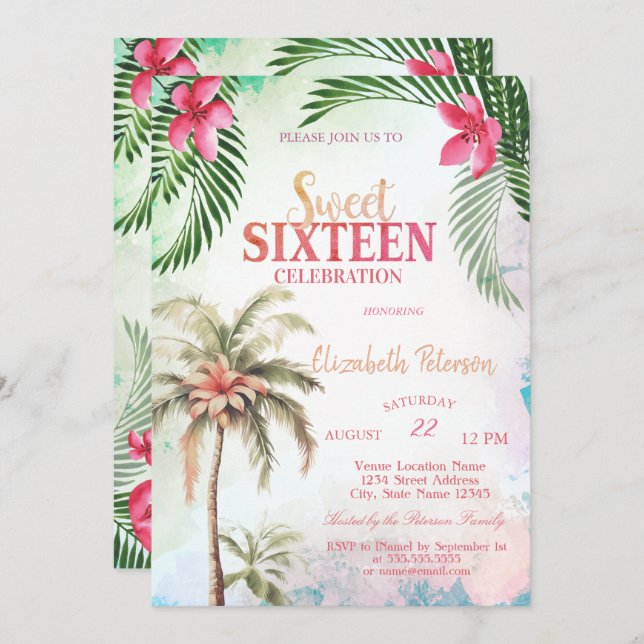Convites Palm Tree Tropical Flores Summer Sweet 16 Party (Frente/Verso)