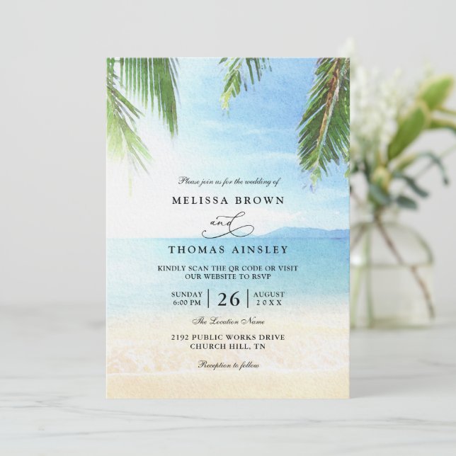 Convites Palm Tree Tropical Island Beach QR Code Wedding (Em pé/Frente)