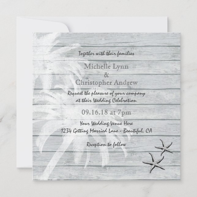 Convites Palm Trees e Starfish Wood Beach Weding Invite (Frente)