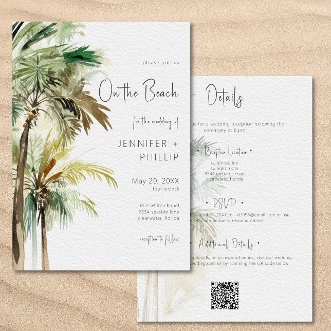 Convites Palm Trees Modern No Casamento Da Praia Dois Lados (Palm Trees Modern On the Beach Wedding Two Sided Invitation)