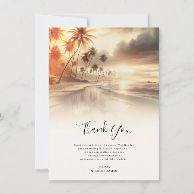 Convites Palm Trees & Orange Sunset Beach Casamento Obrigad (Frente)
