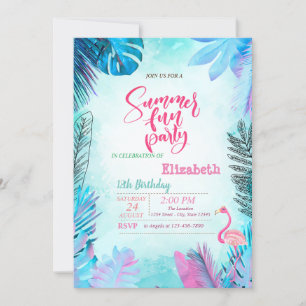 Convites Palma Azul Deixa Flamingo Cor-de-Rosa, Aniversário