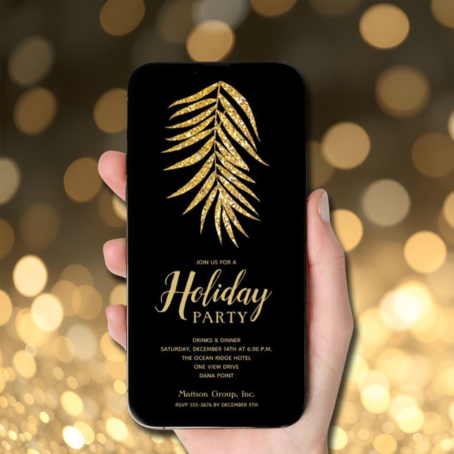 Convites Palma da Dourada Glitter no Natal Negro (Gold faux glitter palm on black Christmas holiday invitations - INSTANT DOWNLOAD and/or PRINTED)