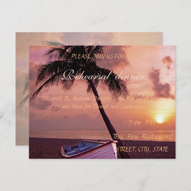 Convites Palma De Casamento De Praia, Sunset, Janto De Ensa (Frente/Verso)