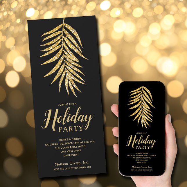 Convites Palma Dourada de reluz no Natal Negro (Gold Glitter Palm on Black Christmas Party Invitations - INSTANT DOWNLOAD and/or PRINTED)