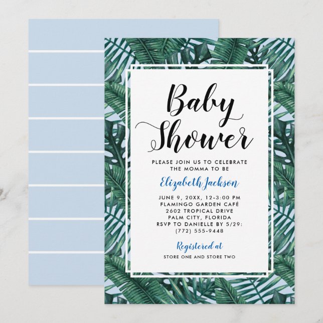 Convites Palma tropical azul moderna deixa Chá de bebê (Frente/Verso)