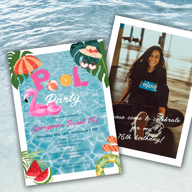 Convites Palma Tropical Deixa Piscina Festa Doce 16 Anivers (Tropical Palm Leaves Pool Party Girl Sweet 16 Birthday Invitation)