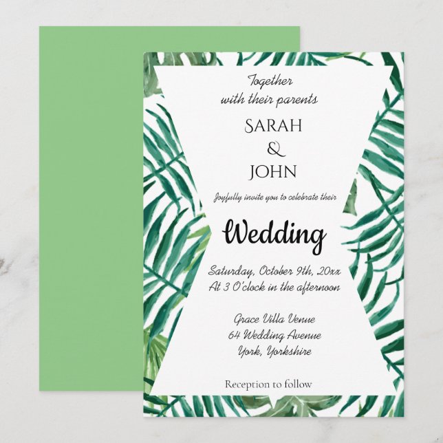 Convites Palma Tropical Exótica Deixa Casamento Verde (Frente/Verso)