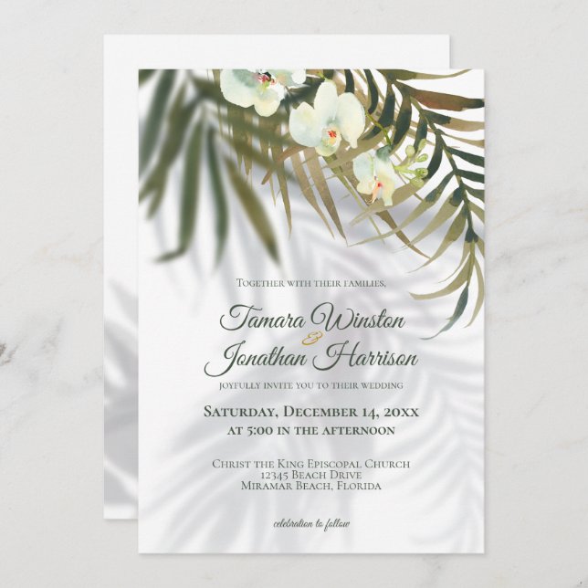 Convites Palma Tropical & Orchid Shadows Beach Wedding Invi (Frente/Verso)