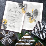Convites Palma Tropical Preta aniversário de 40 anos Dourad<br><div class="desc">O chá de panela de palma tropical elegante e chic apresenta dois arranjos de folhas de palma desenhadas por linha preta e folhagem dourada. O título de aniversário é escrito em um roteiro moderno e aberto. Uma lavagem aquosa de cinza macia e romântica puxa a design na frente e atrás....</div>