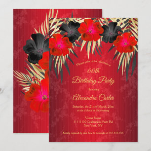 Convites Palmas de Hibisco Damasco Preto Vermelho Dourado A