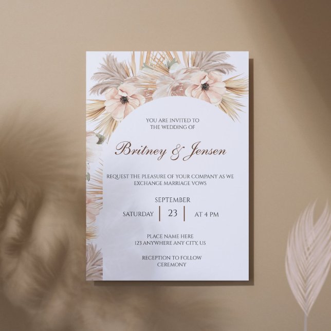 Convites Palmas secas e folhas estilo Boho para o casamento (Modern boho wedding invitation with pampas grass arch and elegant minimalist typography.)