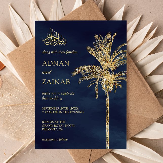 Convites Palmeira Data Brilho Azul e Dourado Casamento Muçu (Criador carregado)