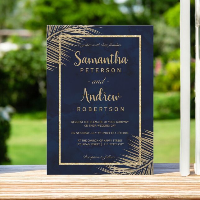 Convites Palmeira de ouro tropical praia marinho casamento  (Tropical gold palm tree beach navy blue wedding 2 invitation)