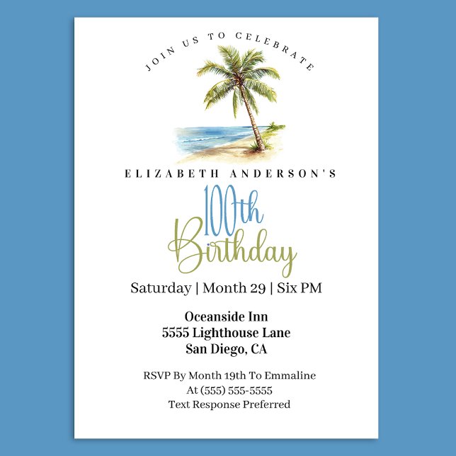 Convites Palmeira de Praia 100º Aniversário (Tropical beach palm tree 100th birthday invitation)