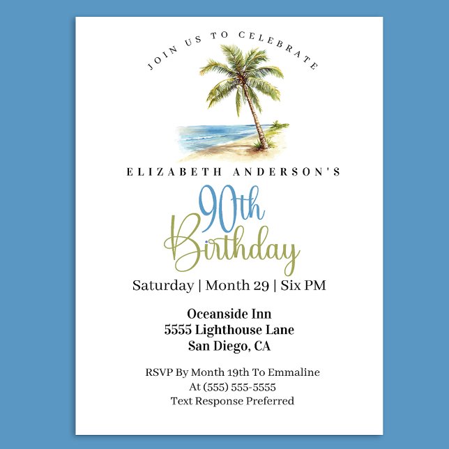 Convites Palmeira de Praia 90º Aniversário (Tropical beach palm tree 90th birthday invitation with a coastal ocean theme )