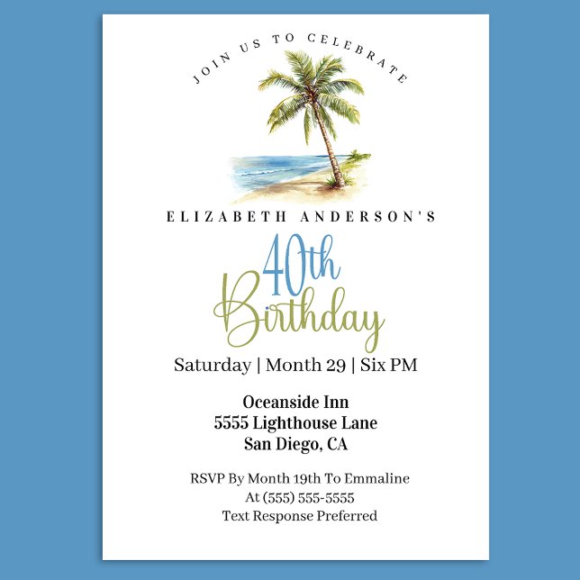 Convites Palmeira de Praia Aniversário 40 Anos (Tropical beach palm tree 40th birthday invitation with coastal ocean theme and elegant typography
)