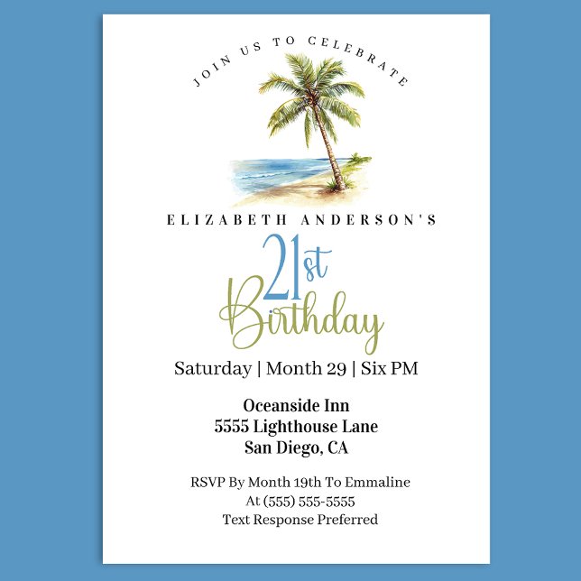 Convites Palmeira de Praia Aniversário de 21 anos (Tropical beach 21st birthday invitation with watercolor palm tree ocean scene coastal party)