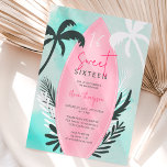 Convites Palmeira de praia tropical Sweet 16<br><div class="desc">Uma praia tropical temia um doce convite de dezesseis anos com uma prancha rosa legal com palmeiras tropicais editáveis,  folhas de palma,  em uma lavagem de aquarela azul turquesa,  adicione sua foto no verso. Perfeito para a doce festa 16 da Summer.</div>