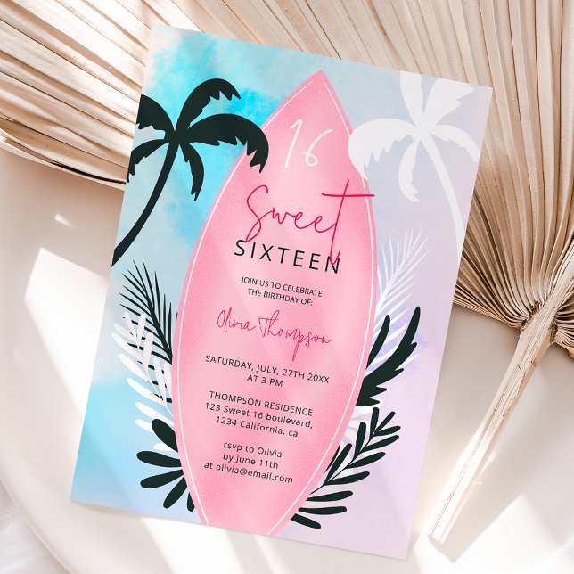 Convites Palmeira de praia tropical Sweet 16 (Tropical beach surfboard palm tree Sweet 16 Invitation)