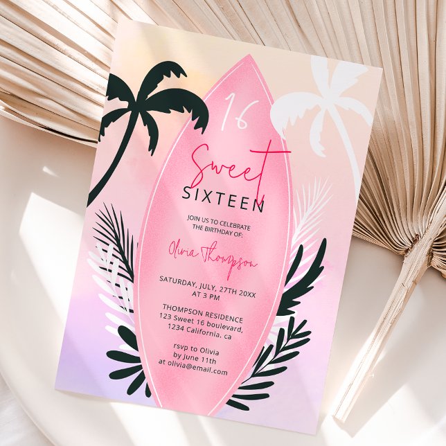 Convites Palmeira de praia tropical Sweet 16 (Tropical beach surfboard palm tree Sweet 16 Invitation)