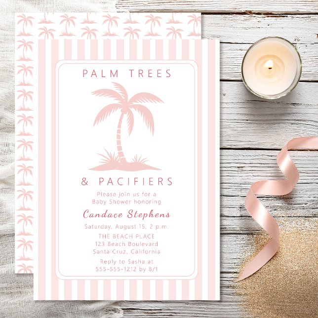 Convites Palmeiras e Chupetas Rosa Celebração de Bebê à Bei (Elegant pink palm tree "Palm Trees and Pacifiers" baby shower invitation with preppy coastal stripes)