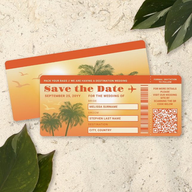 Convites Palmeiras Sunset Palm Tres Faux Embarcar Passagem  (This design is ideal for destination weddings or beach weddings, for example.)