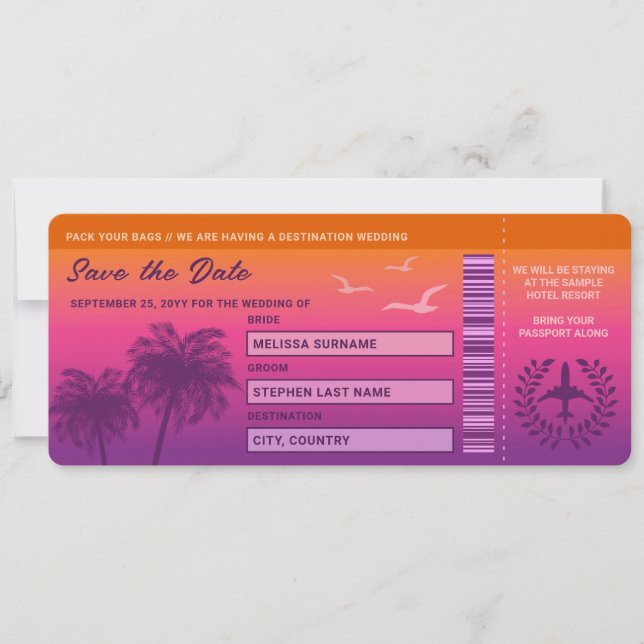 Convites Palmeiras Sunset Palm Tres Faux Embarcar Passagem  (Frente)