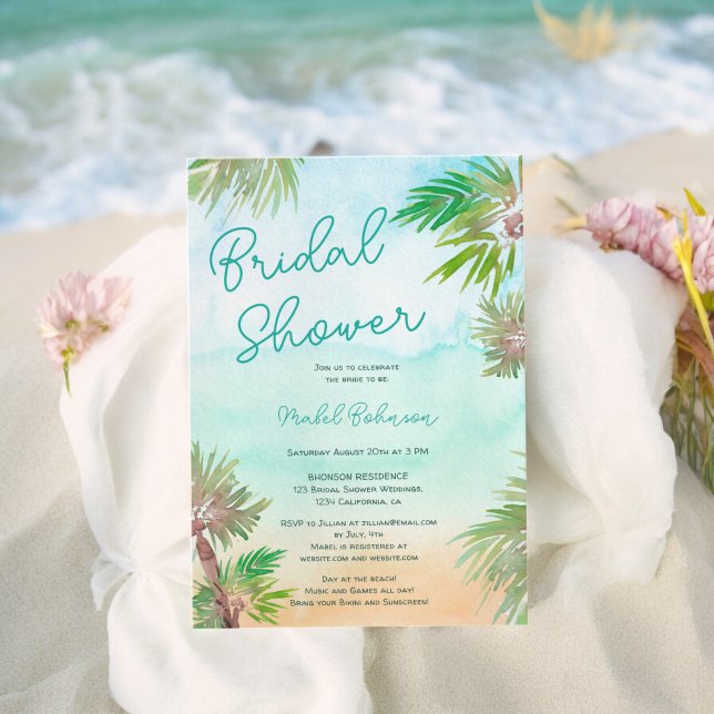 Convites Palmeiras tropicais chá de panela de praia de aqua (Tropical palm trees watercolor beach bridal shower invitation)
