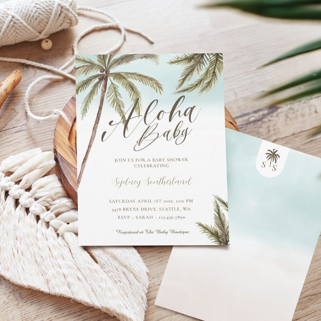 Convites Palmeiras Tropicais De Cores De Água Aloha Chá de  (Tropical Watercolor Palm Trees Aloha Baby Shower Invitation)