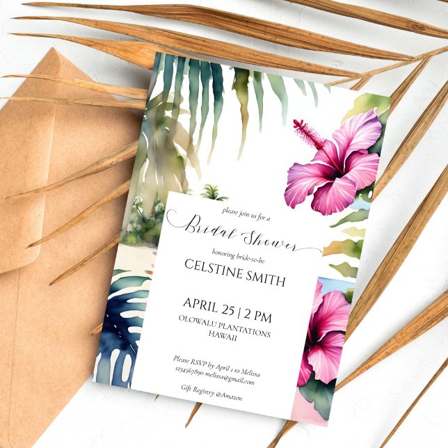 Convites Palmeiras tropicais de praia chá de panela hibiscu (Tropical beach palms hibiscus bridal shower template invitation digital download watercolor palms)