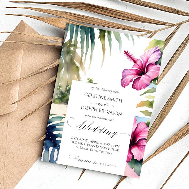 Convites Palmeiras tropicais de praia hibiscus modelo de ca (Tropical beach wedding template invitation digital download palm trees leaves pink hibiscus)