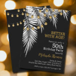 Convites Palms 50th Black and Dourado Festa de aniversário<br><div class="desc">Frentes de palmeiras brancas com fios de luz dourada sobre fundo preto,  são convites de festas de aniversários divertidos para qualquer idade. Consulte os itens CORRESPONDENTES na nossa coleção.</div>