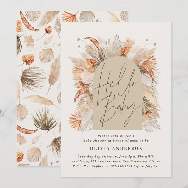 Convites Pampas botânicas erva, terracota rústica moderna,  (Frente/Verso)