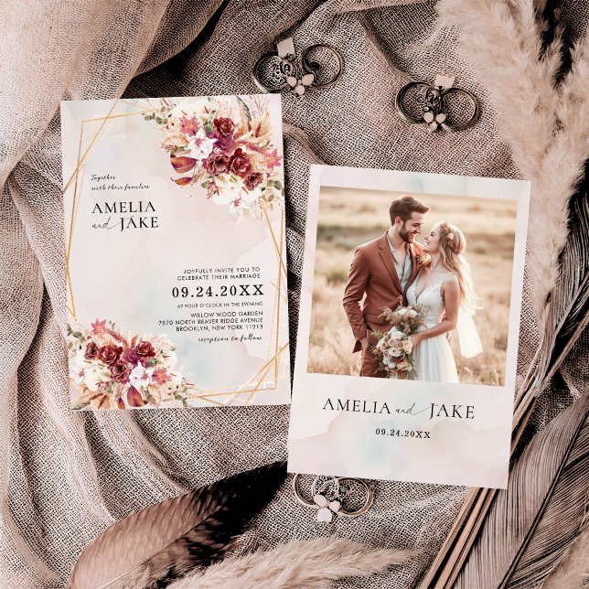 Convites Pampas Burgundy Floral Geometric Wedding (Criador carregado)