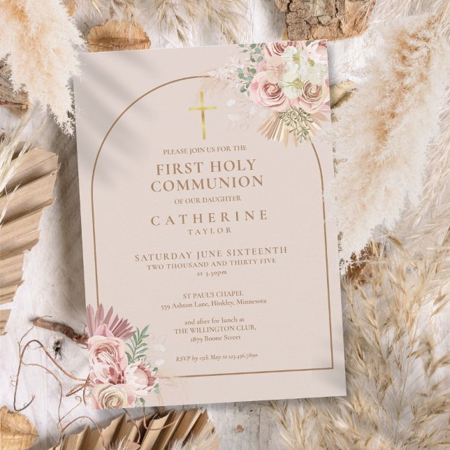 Convites Pampas Douradas cor-de-rosa Grama Primeira Comunhã (Pink Gold Arch Pampas Grass First Holy Communion Invitation)