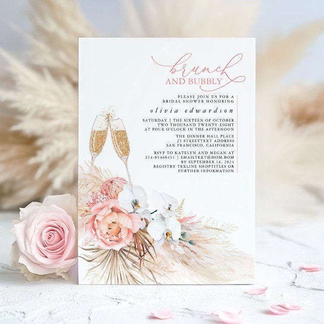 Convites Pampas Florais, Rosa, Grass Brunch e Bubble (Boho Bridal Shower Invitations)