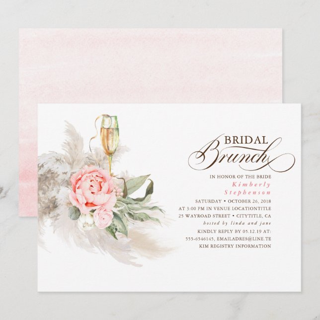 Convites Pampas Florais Rosa Grass Greenery Bridal Brunch (Frente/Verso)