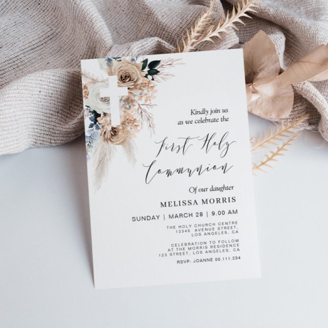 Convites pampas floral cross first sagrado communion (Criador carregado)