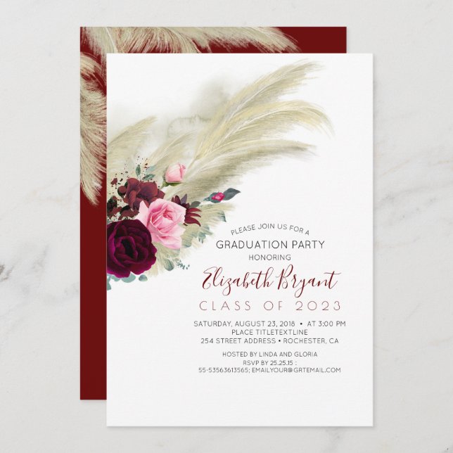 Convites Pampas Graduação Floral Vermelho Borgonha (Frente/Verso)