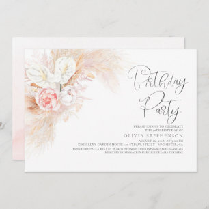 Convites Pampas Grama Rosa, Qualquer Aniversário De Idade