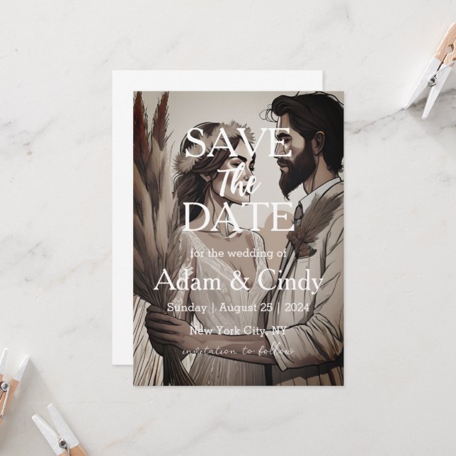 Convites pampas gramado boho salva as datas (Frente/Verso In Situ)