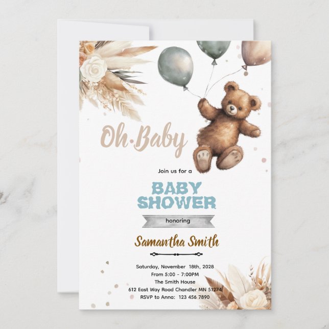 Convites Pampas Grass bear baby shower invitation (Frente)