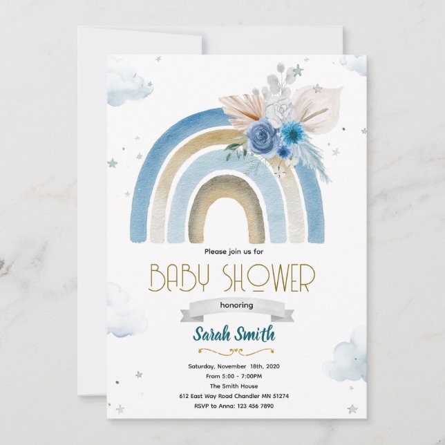 Convites Pampas Grass blue boho rainbow invitation (Frente)