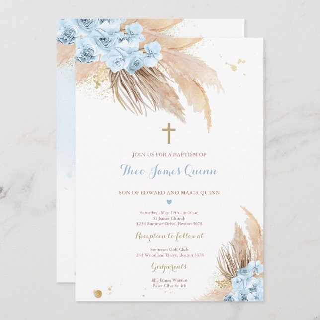Convites Pampas Grass Bohemian Baptism Boho Christening (Frente/Verso)
