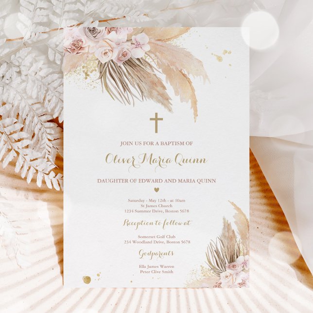 Convites Pampas Grass Bohemian Baptism Boho Christening (Criador carregado)