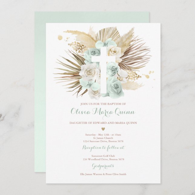 Convites Pampas Grass Bohemian Baptism Boho Christening (Frente/Verso)