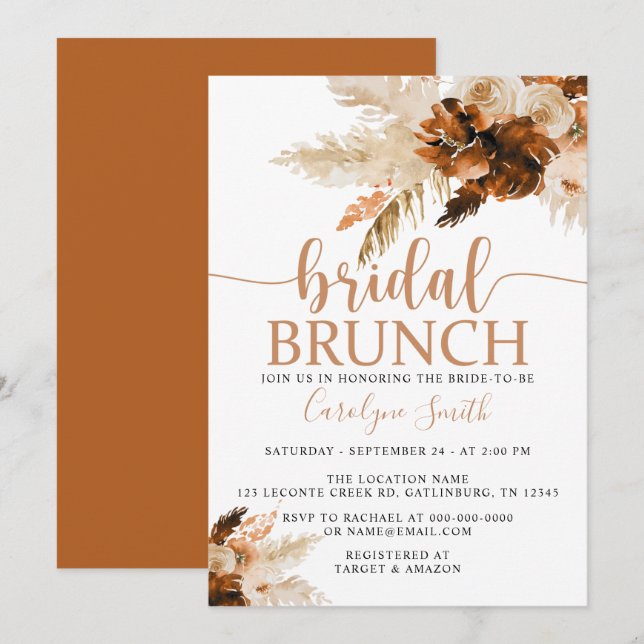 Convites Pampas Grass Bohemian Boho Bridal Brunch (Frente/Verso)