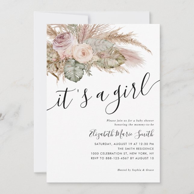 Convites Pampas Grass Boho Bohemian É um Chá de fraldas (Frente)