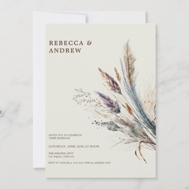 Convites Pampas Grass | Boho Casamento Minimalista (Frente)